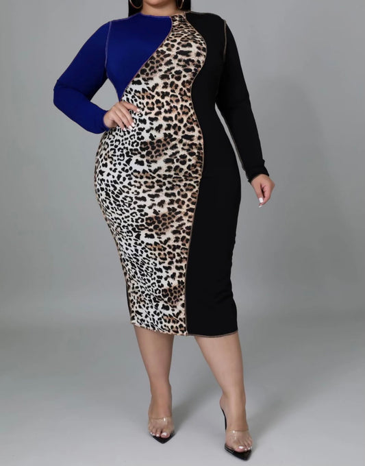 Leopard Prnt Bodycon Dress-Blue