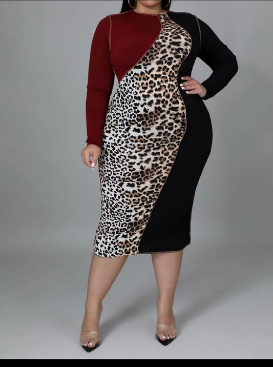 Leopard Prnt Bodycon Dress-Wine Red