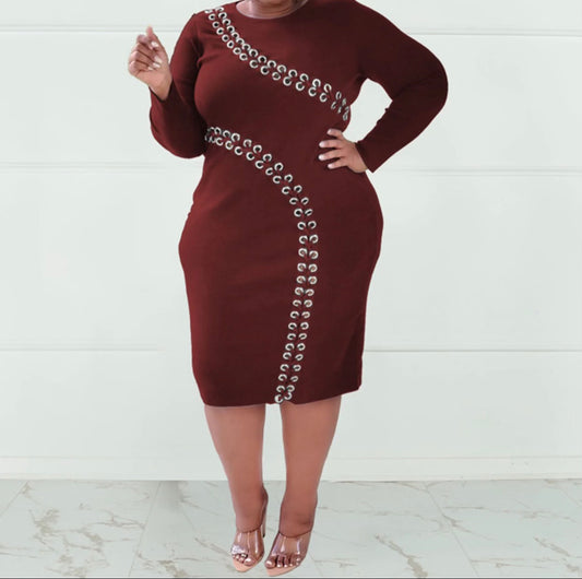 Suede Ribbed Bodycon Dress-Wine Red