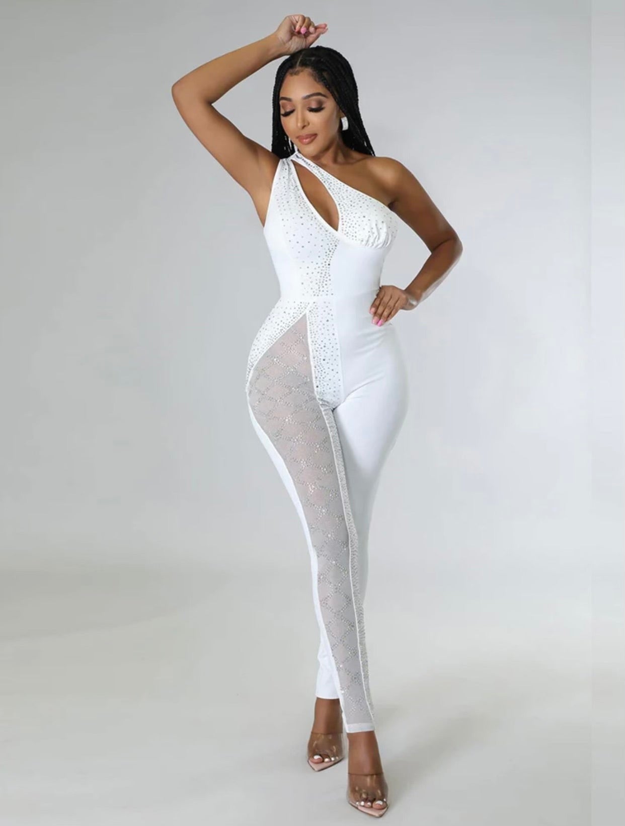 Rhinestone Bodycon Jumpsuit-White Rhinestone