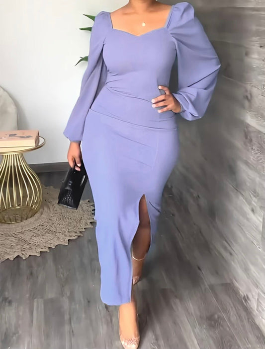 Long Sleeve Split Pencil Dress-Purple