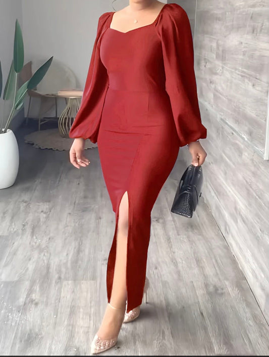 Long Sleeve Split Pencil Dress-Red