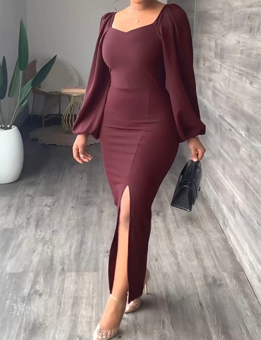 Long Sleeve Split Pencil Dress-Burgundy