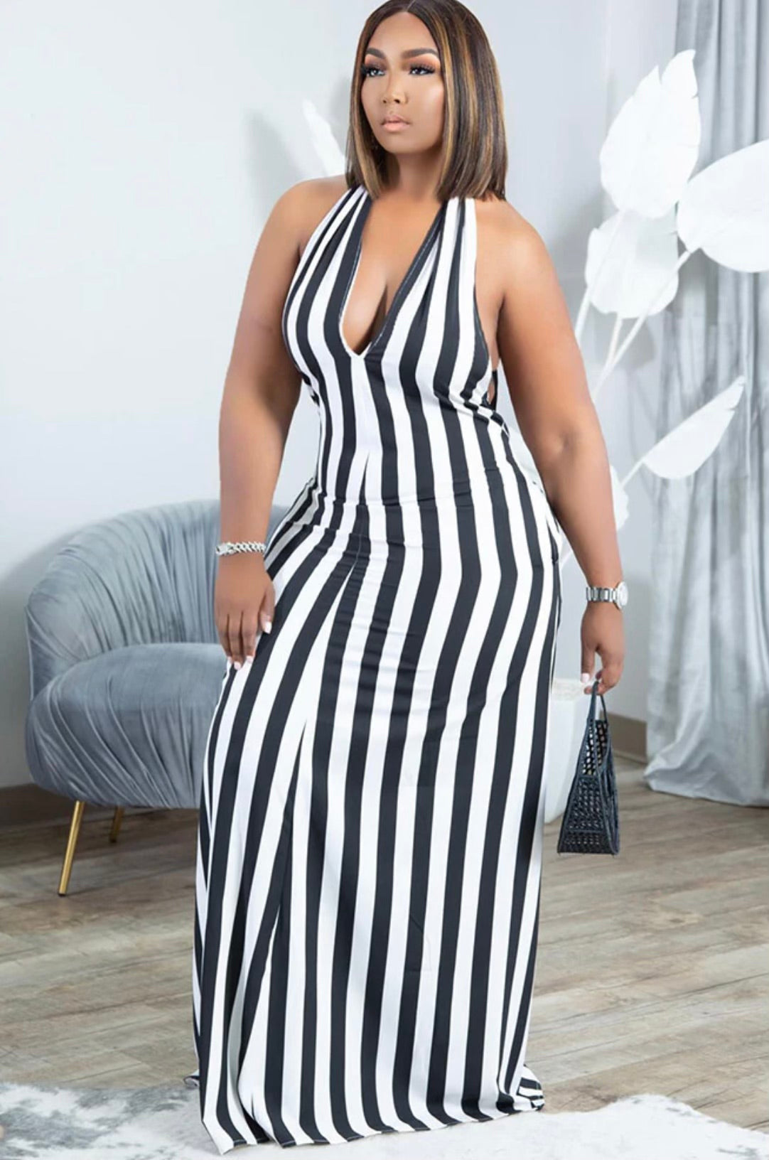 Wmn Stripped Lg Maxi Dress-BLACK/WHT STRIPE