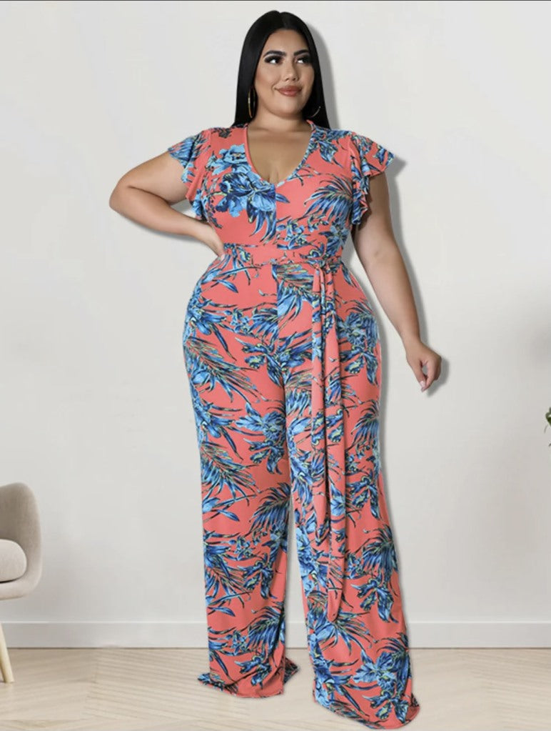 Flower Print Jumpsuit with Belt