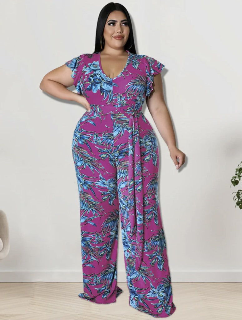 Flower Print Jumpsuit with Belt