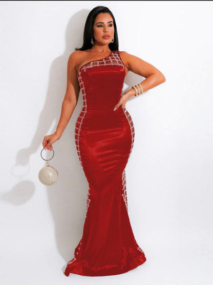 One Shoulder Sequin Mesh Maxi D