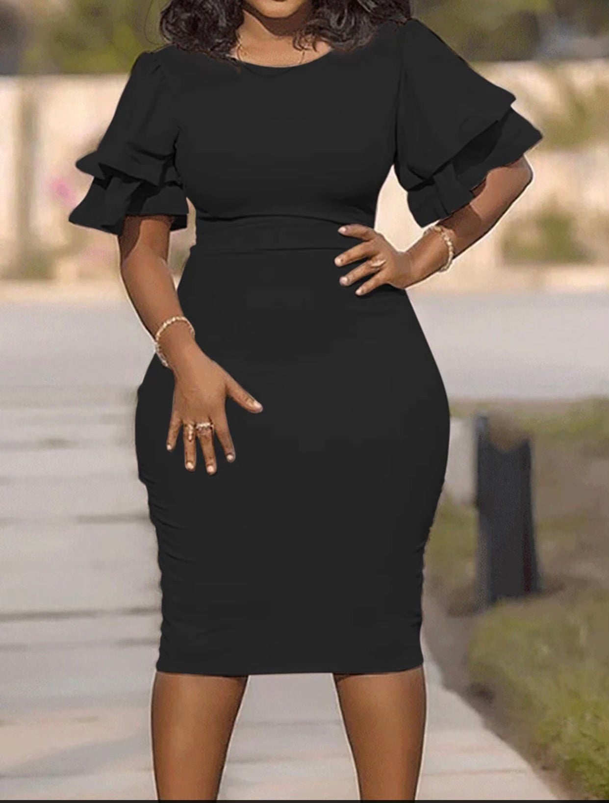 Ruffle Sleeve Midi Pencil Dress