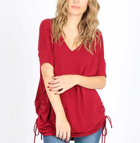 Short Sleeve V Neck Drawstring Top