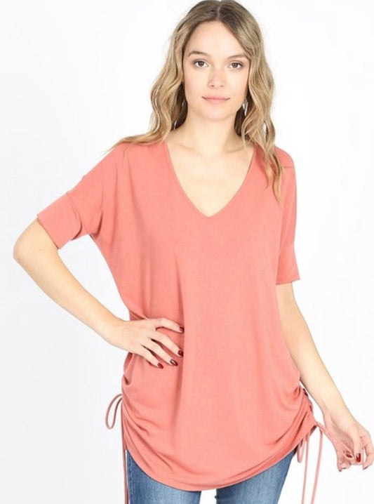 Short Sleeve V Neck Drawstring Top