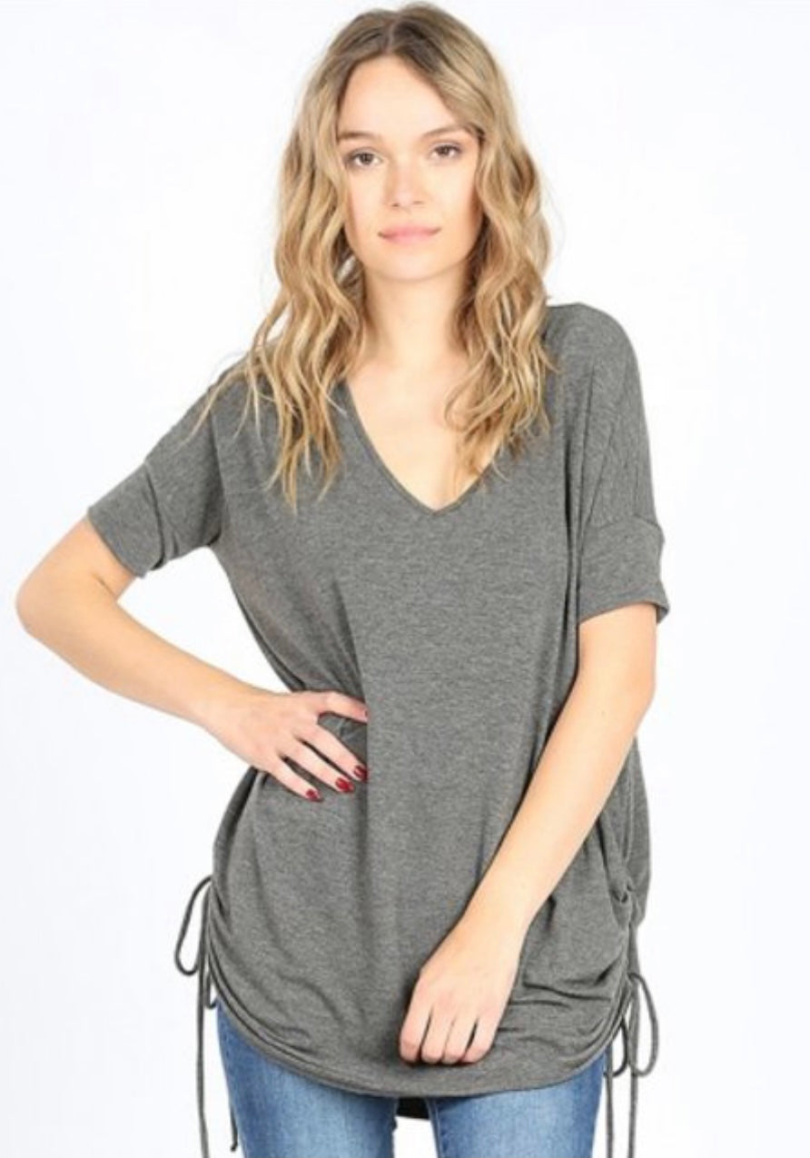 Short Sleeve V Neck Drawstring Top