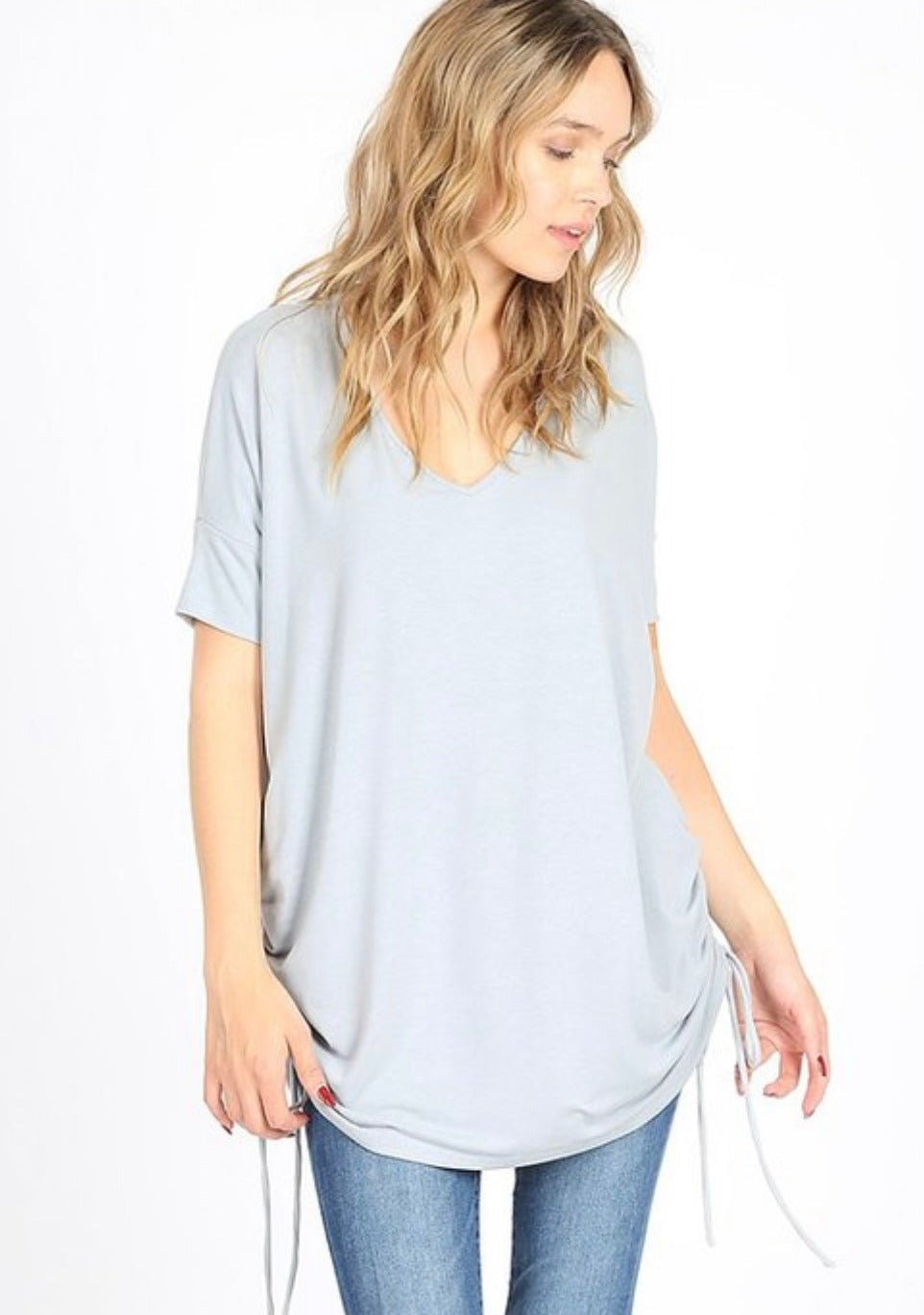 Short Sleeve V Neck Drawstring Top