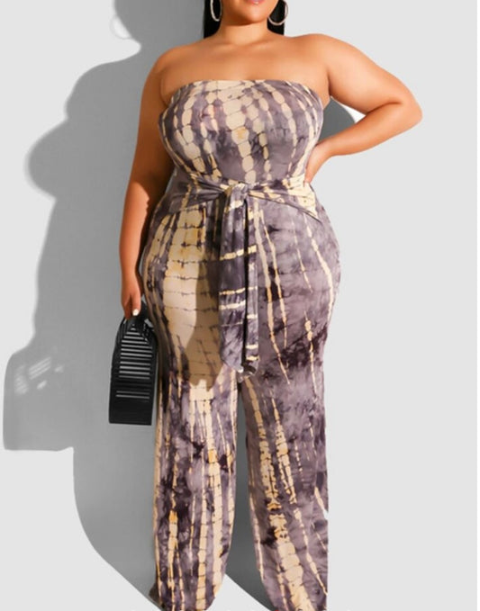 Plus Grey/Yellow Tie Dye Jumpsuit