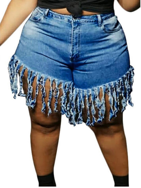 Plus Denim Tassel Shorts Blue