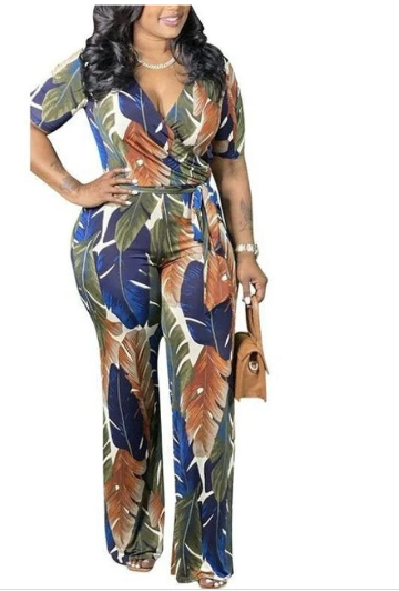 Blue Leaf Print V Neck jumpsuit