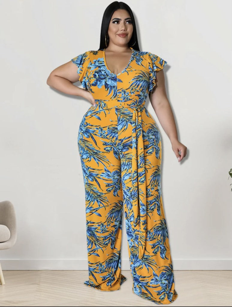 Flower Print Jumpsuit with Belt