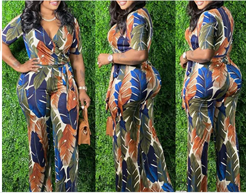 Blue Leaf Print V Neck jumpsuit